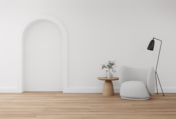 White arch niche wall with sofa and house plant on wooden floor. 3d rendering of interior living room