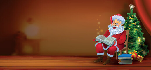 Christmas banner with free space for text. Santa Claus reading the book beside a Christmas tree, a vector illustration in traditional style