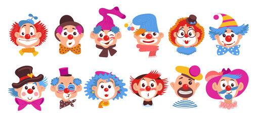 Funny clown faces. Cartoon positive comic artists heads. Happy facial expressions. Smiling circus characters. Comedians with bright makeups. Buffoons wigs and hats. Splendid vector set
