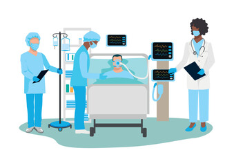 Doctor and nurses care for patients in the intensive care unit. Thank you nurses and doctors. Medical technology and life saving. vector illustration. - obrazy, fototapety, plakaty