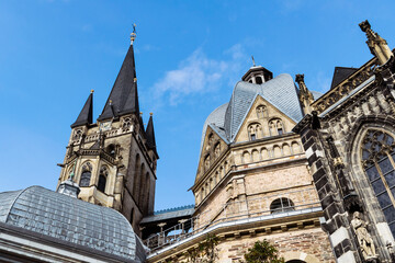 Detail of large vintage Gothic windows and walls with buttresses of city church of St, Nicolas in...