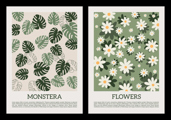 Various Flowers, leaves. Abstract blossom, bloom. Hand drawn trendy Vector illustration. Floral design, Naive art. Set of three square Patterns. Poster, card, print template. Every pattern is isolated