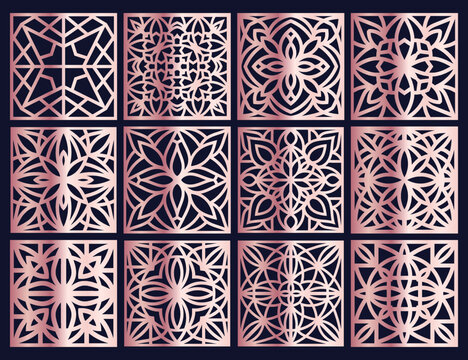 Laser cut Square patterned templates set. Coasters for drink collection with abstract ornament. Wood carwing templates, interior design, vector.	