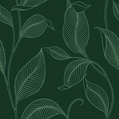 Luxury seamless pattern with striped leaves. Elegant floral background in minimalistic linear style. Trendy line art design element. Vector illustration.