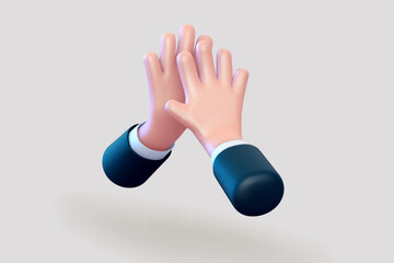 3D cartoon high five gesture. Concept of business success, friendship and teamwork. Emoji icon of clapping business mans hands in suits on light background. Vector illustration. - obrazy, fototapety, plakaty