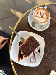 chocolate cake and latte art coffee