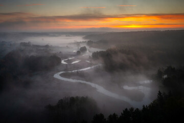 Radunia River meanders at sunrise, Kashubia. Poland