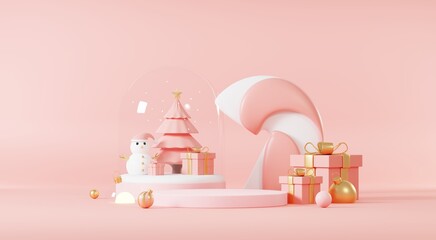 3d Abstract podium stage platform with minimal Christmas and New year event background. Merry Christmas scene for product display or mock up banner. Empty stand pedestal decor in Xmas winter scene.