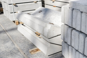 Close-up of stair treads for reinforced concrete stairs in a construction site warehouse.