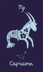 Zodiac signs card. Astrological symbol. Patterned silhouette animal. Capricorn constellation. Astrology calendar. Star scheme. Floral ornament. Doodle creature. Vector zodiacal icon