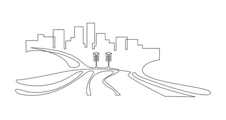 Megapolis with skyscrapers Urban space against the backdrop of autobahns. Continuous line drawing illustration.