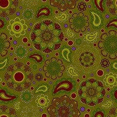 Seamless floral pattern, hand drawn, vector. Abstract ornamental pattern, fashionable, colourful pattern, green, red, yellow colours.