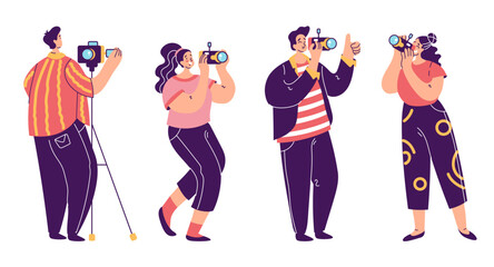 Tourist people taking photo picture with camera concept set. Vector graphic design element illustration
