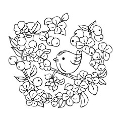 hand drawn king bird on a branch with flowers. Illustration coloring book