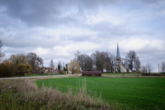Kabile village lutheran church in autumn day, Latvia