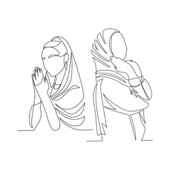 Vector illustration of a portrait of women in national costumes drawn in the style of line art