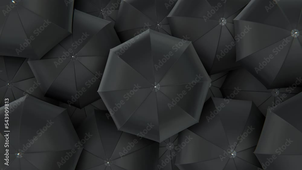Poster realistic looping 3d animation of the spinning all black umbrellas or parasols rendered in uhd as mo