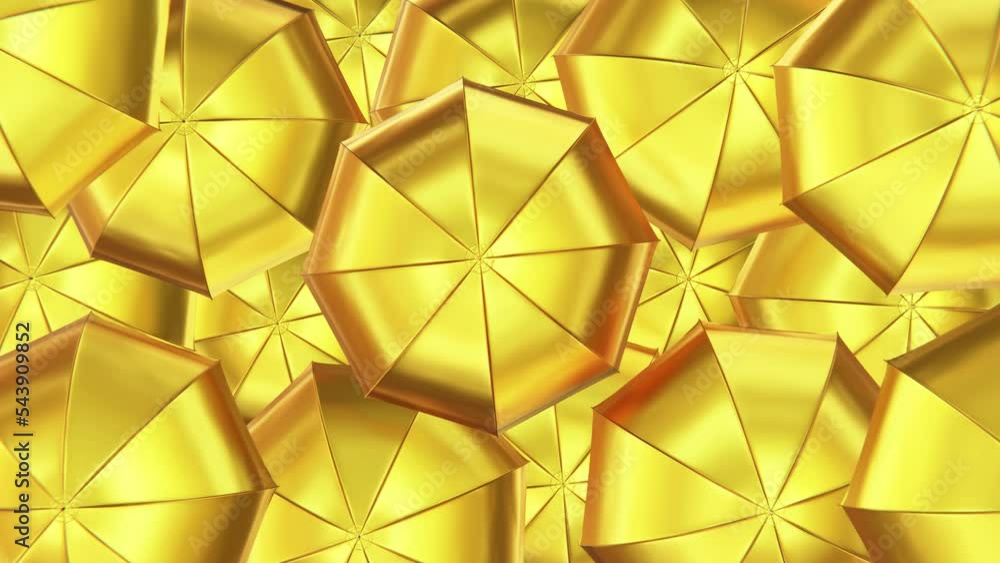 Poster realistic looping 3d animation of the all golden metallic umbrellas or parasols spinning rendered in