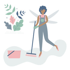 Cleaning lady is Afro woman or girl like fairy with wings with brush and bucket.Cute maid of beautiful leaves.Vector illustration.Advertising of cleaning services,cleaning company logo,flyers,flyers