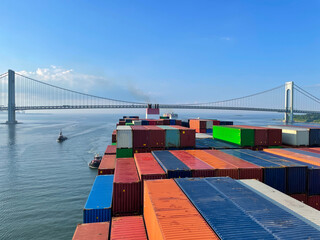 Aft part of container ship passed Verrazzano-Narrows Bridge and proceed to New York port