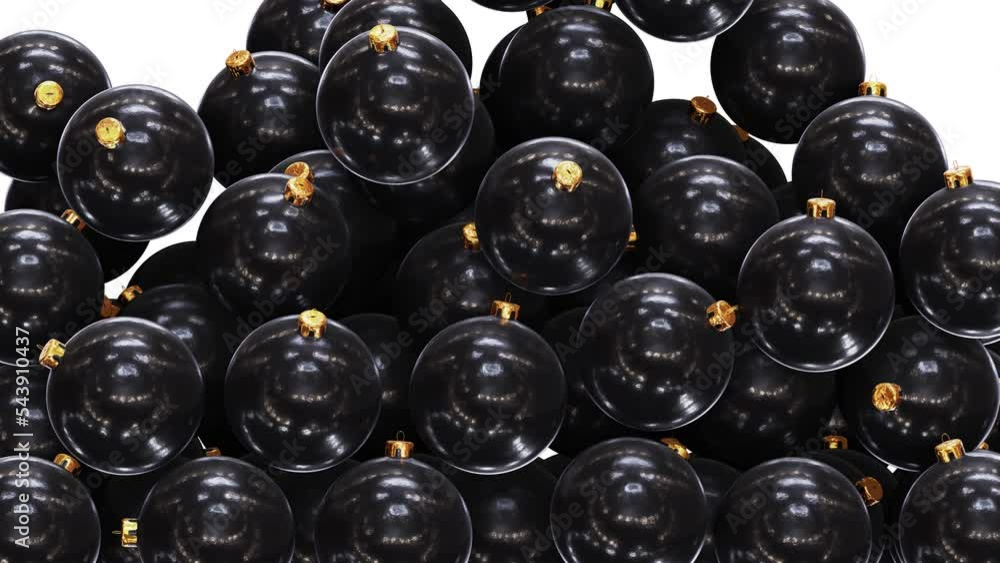 Poster realistic 3d animation of the black christmas baubles falling from the top filling up the screen ren