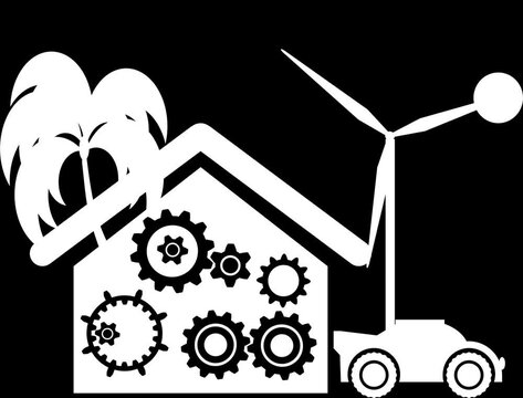 Animated video of a house with a rotating gear showing a tech house. Behind the house there is a rotating windmill and a tree that represents eco-friendly technology
