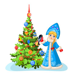 Snow Maiden and Christmas tree with toys in traditional Russian style. New Year vector set for the New Year's card, postcards, stickers