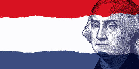 George Washington Close-up red whte blue Colors with ripped edge and space for text	