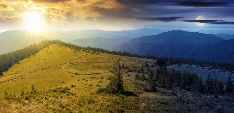 green nature environment of trascarpathia at twilight. day and night time change concept. scenery in mountains of chornohora ridge in summer with sun and moon. landscape with spruce forest on the hill