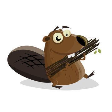 funny cartoon beaver carrying branches and twigs