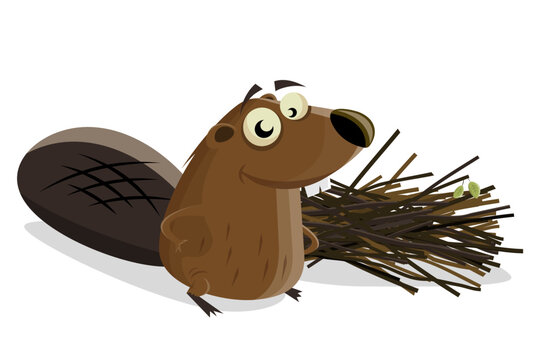 funny cartoon beaver building a dam with branches and twigs