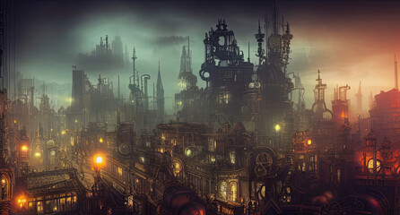 illustration of a steampunk cityscape, illuminated buildings, misty, digital art