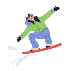 Vector cartoon girl snowboarder jumping. Young woman on snowboard Extreme winter sport. Flat vector illustration in cartoon style