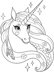 Cute unicorn with gorgeous mane. Vector illustration for coloring page