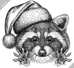 Vintage vector engrave isolated dressed christmas raccoon set illustration santa costume cut ink sketch. Wild pet background line new year hat racoon art © Turaev