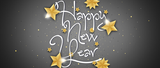 Fototapeta premium Happy new year with calligraphic text with golden star on grey background 