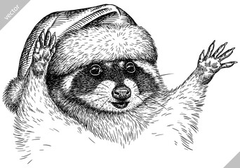 Vintage vector engrave isolated dressed christmas raccoon set illustration santa costume cut ink sketch. Wild pet background line new year hat racoon art © Turaev