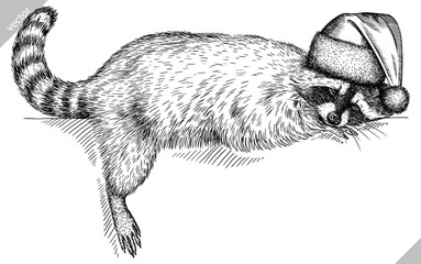 Vintage vector engrave isolated dressed christmas raccoon set illustration santa costume cut ink sketch. Wild pet background line new year hat racoon art © Turaev