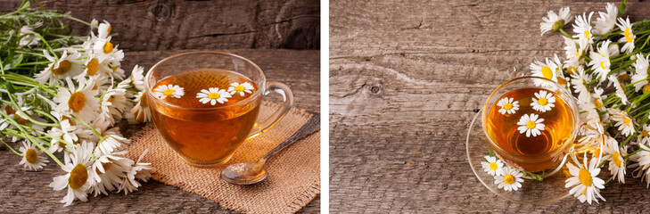 Herbal tea with fresh chamomile flowers on old wooden background with copy space for your text