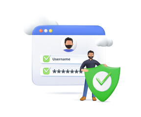 People register online 3D render illustration. Registration or sign up user interface. Users use secure login and password. Data protection online registration, sign up, user interface. Vector