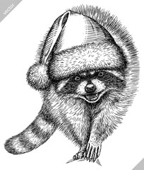 Vintage vector engrave isolated dressed christmas raccoon set illustration santa costume cut ink sketch. Wild pet background line new year hat racoon art