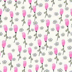 Cute seamless pattern with hand painted flowers on cream background. - 543913458