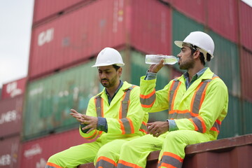 Dock worker man in safety vest work in container port terminal. male Industrial Engineer in Hard...