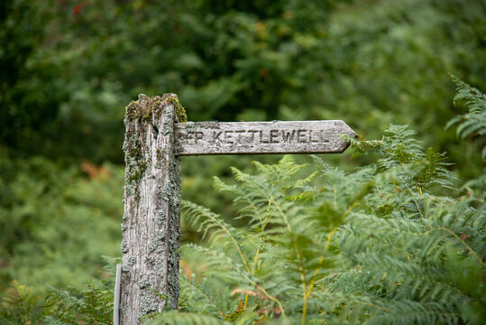 Weathered wooden signpost "FP Kettlewell" in the Wharfdale in the Yorkshire Dales in England, UK.