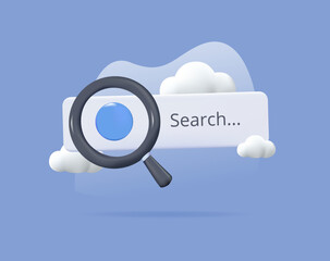 3d search tab. Magnifying glass 3d search icon, optical search cartoon style. Web interface research magnifier. SEO