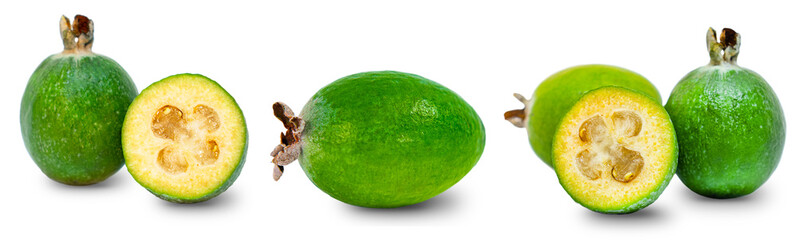 Set of fresh ripe feijoa on white background