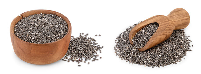 Chia seeds in wooden bowl isolated on white background with full depth of field