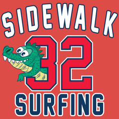 Illustration lizard with college design, text Side Walk Surfing, and number 32, Varsity style.