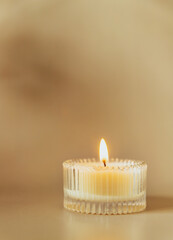 Burning wax candle with dry flowers in glass on beige background with soft shadows. Crafting product, handmade.