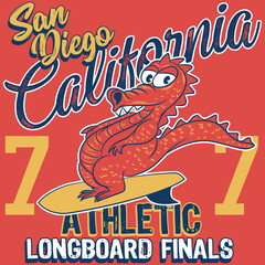 Illustration lizard surfboard with college design, text San Diego California, Varsity style.